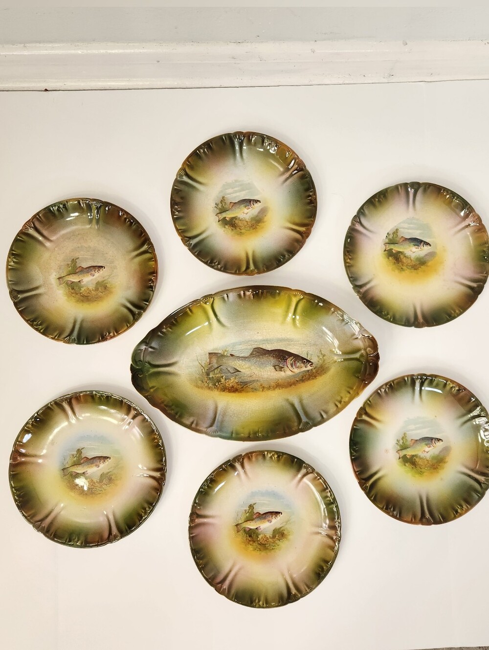 Franz Anton Mehlem Vintage Rare Fish Plater & 6 Plates Set